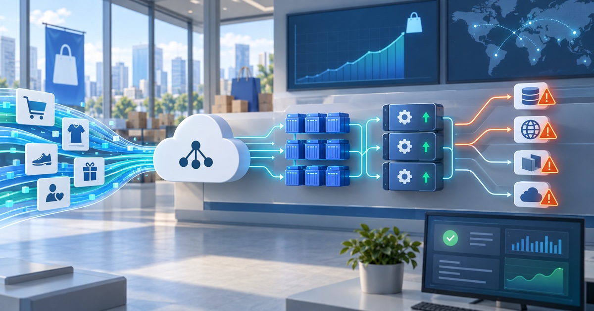 Digital commerce traffic moving through cloud infrastructure with capacity constraints identified before peak day