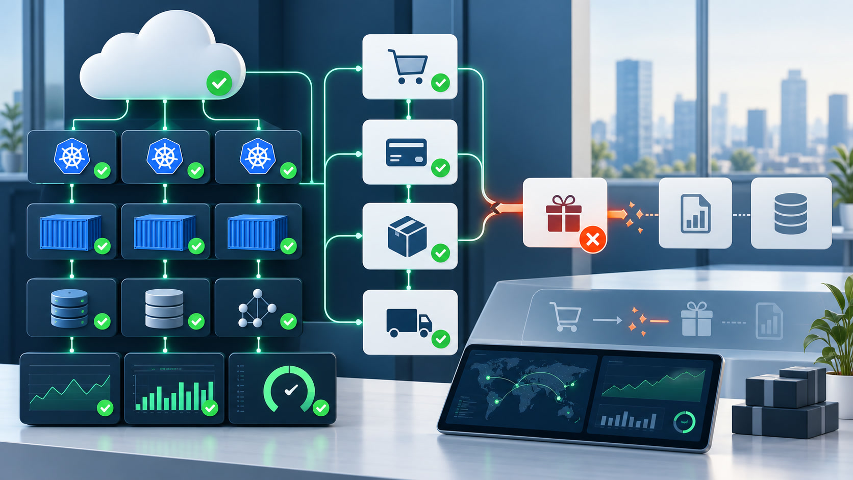 Healthy cloud and Kubernetes systems connected to a failed digital commerce loyalty workflow