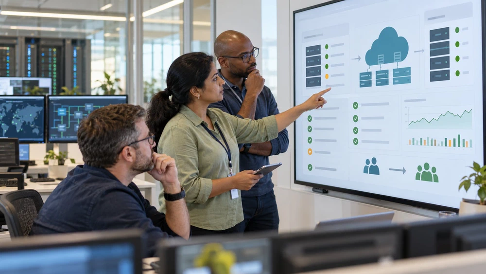 Illustrative cloud and operations engineers reviewing migration readiness and ownership handover together