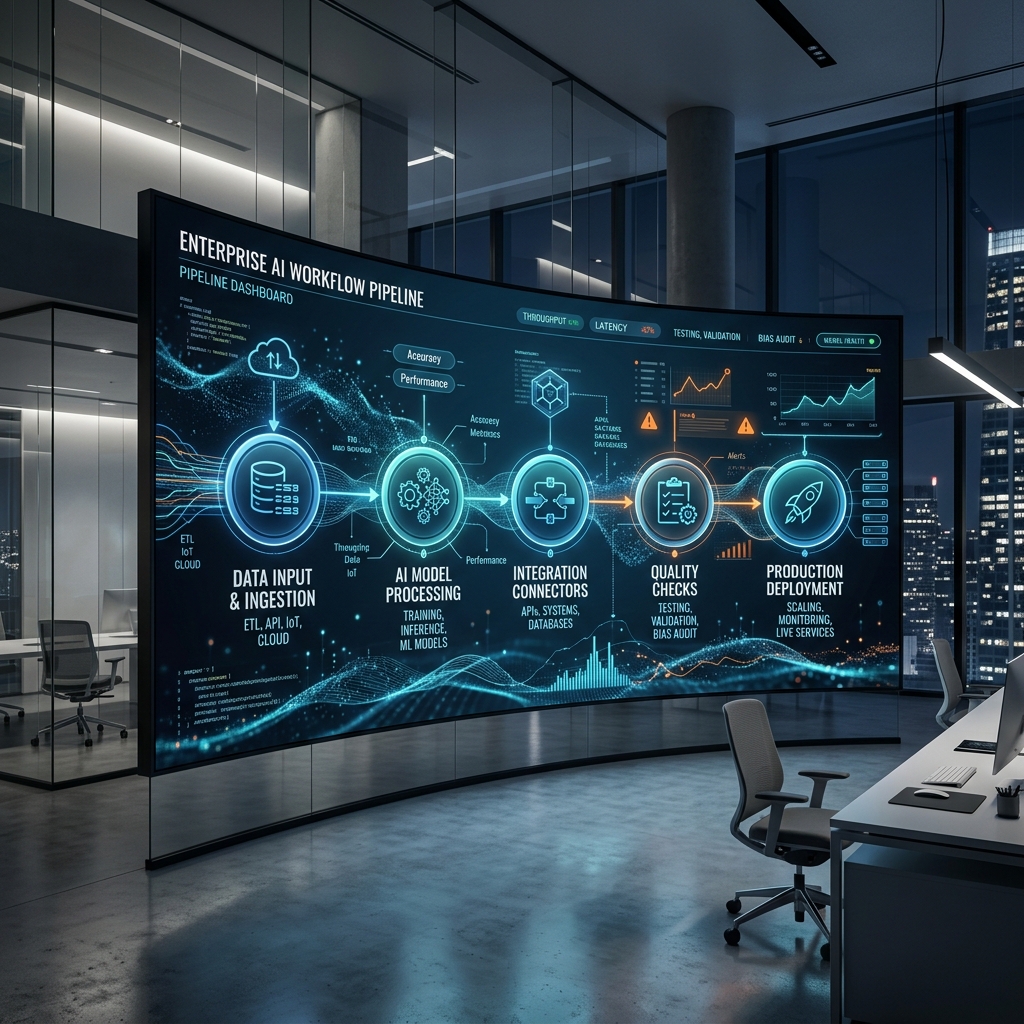 Enterprise AI workflow pipeline showing data input, model processing, integration, quality checks, and production deployment