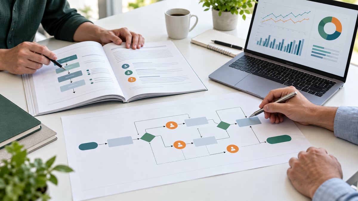Illustrative planning session with workflow diagrams, an open guide, and operational charts