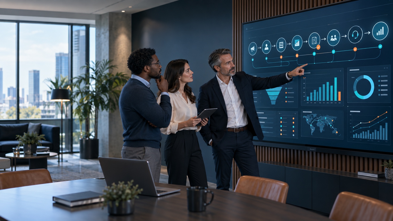 Revenue operations team reviewing connected CRM, sales, marketing, and service workflows