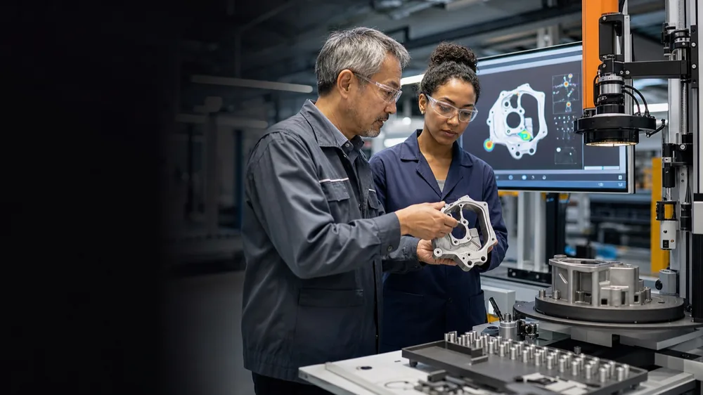 Manufacturing engineers reviewing an AI-assisted visual quality inspection